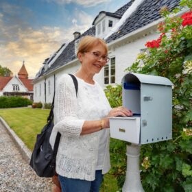 En dame på 50 år der tømmer sin postkasse ved sit hus i et villakvarter i slagelse.