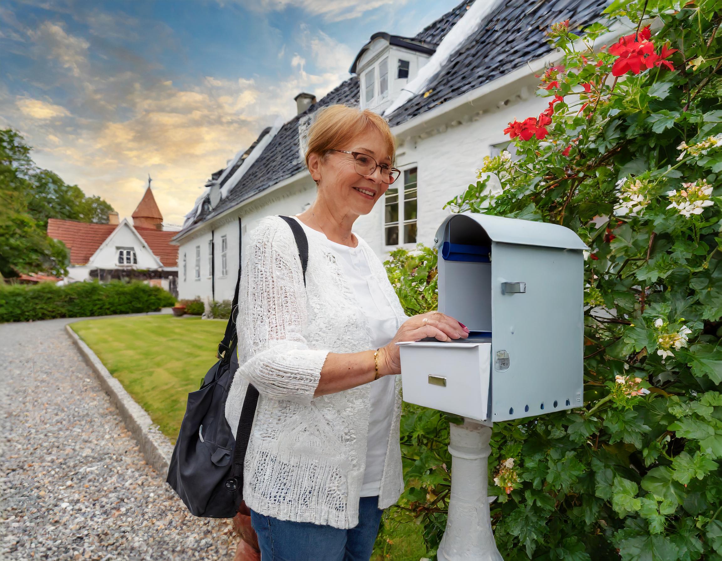 En dame på 50 år der tømmer sin postkasse ved sit hus i et villakvarter i slagelse.